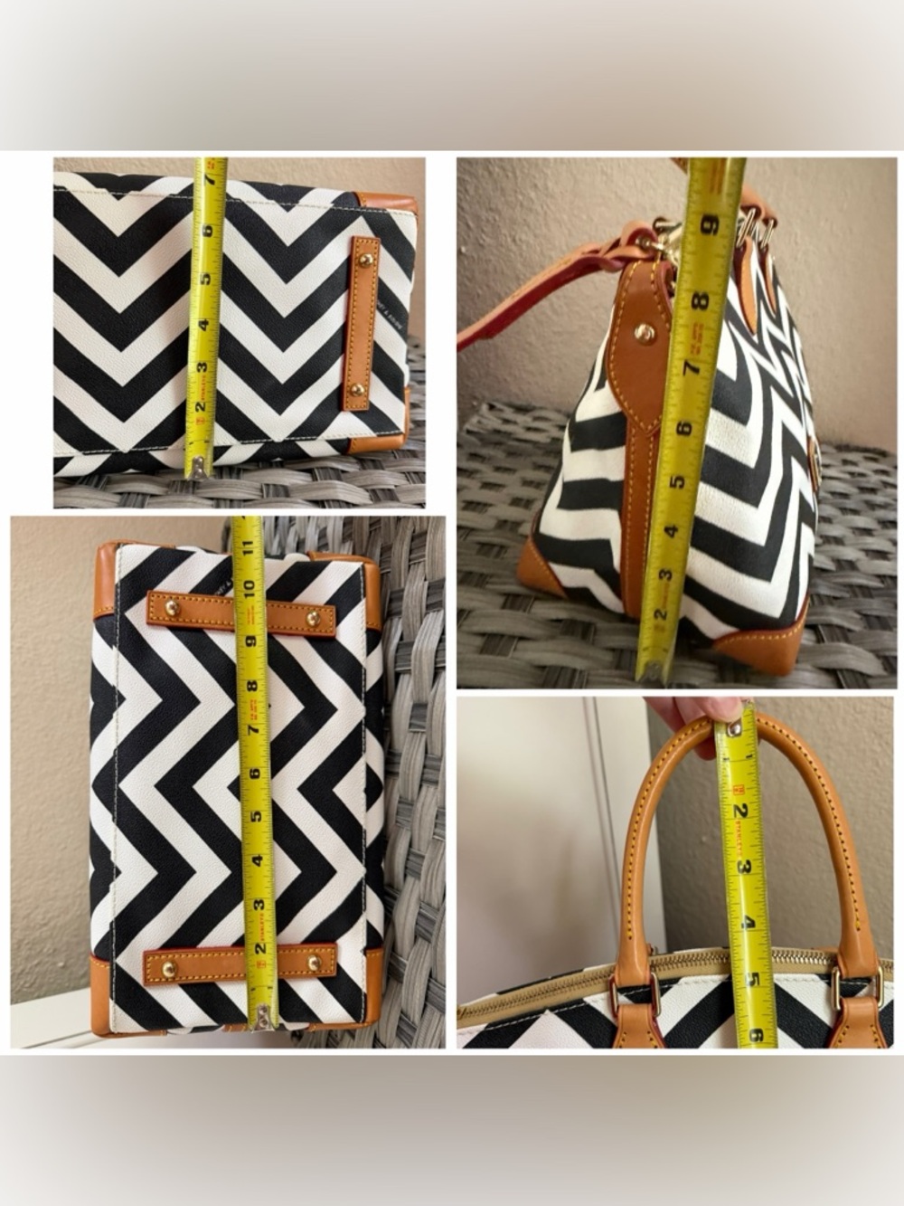 Dooney & Bourke Black & White Chevron Top Handle Satchel - Tan Leather Trim - Picture 10 of 14